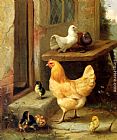 Edgar Hunt Famous Paintings - A Hen, Chicks And Pigeons
